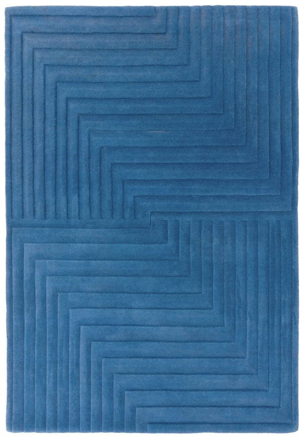 Covor albastru din lână lucrat manual modern model geometric dungi Form Blue 12-18 mm 200x290 cm FORM200290BLUE