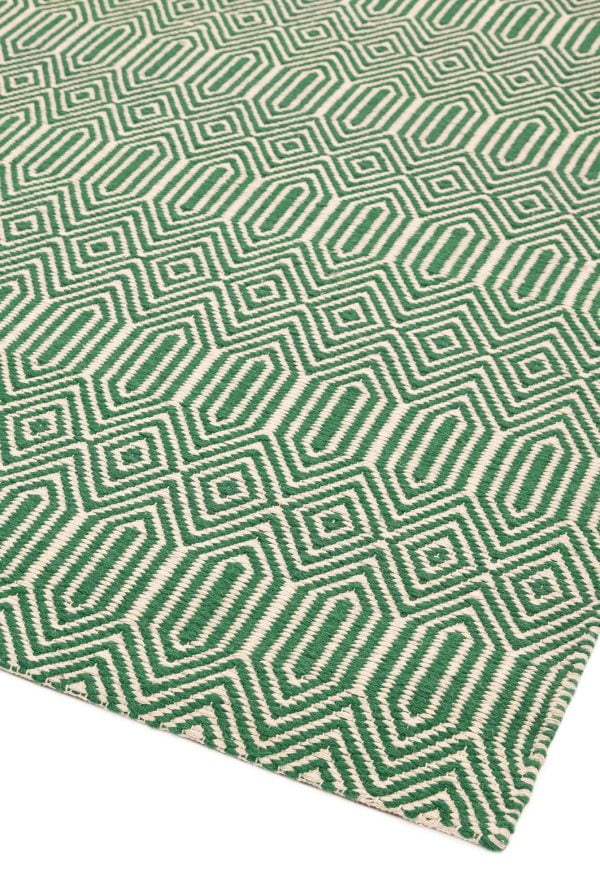 Covor verde din bumbac lână lucrat manual modern outdoor model geometric Sloan Green 4 mm 66x200 cm SLOA066200GREE